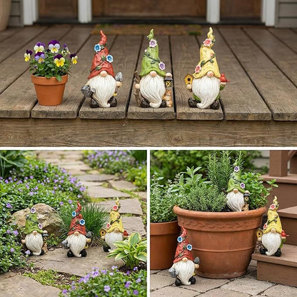 GoGnome 3-Pack Spring Garden Gnome Figurines, 6.5" Resin Decorative Gnomes with Lantern, Birdhouse & Watering Can, Indoor Outdoor Tabletop Home Yard Lawn Decor (Multicolor)