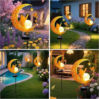 YJFWAL Garden Solar Cat Lights Pathway Stake Lights Glass Globe with Moon Cat Decor, Christmas Gift for Mom Grandma Friends, Outdoor Decor Light Waterproof for Walkway, Patio or Garden (Warm White)