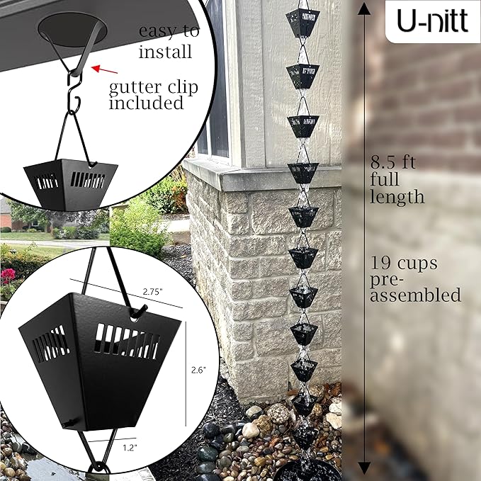 U-nitt Rain Chain Water Collection for Gutters Rainwater Catcher & Diverter, 8.5 FT Chains for Outside Garden, Black Square Cups, Roof Downspout, Works with Heavy Rain, w/ Gutter Clip for Rainchains