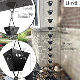 U-nitt Rain Chain Water Collection for Gutters Rainwater Catcher & Diverter, 8.5 FT Chains for Outside Garden, Black Square Cups, Roof Downspout, Works with Heavy Rain, w/ Gutter Clip for Rainchains