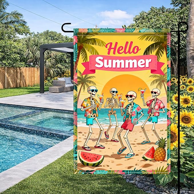 BlissYard Hello Summer Skeleton Garden Flag 12x18 Double Sided Vertical Outdoor Decor Tropical Beach Skull Banner Colorful Vacation Yard Garden Lawn Welcome Display