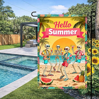 BlissYard Hello Summer Skeleton Garden Flag 12x18 Double Sided Vertical Outdoor Decor Tropical Beach Skull Banner Colorful Vacation Yard Garden Lawn Welcome Display