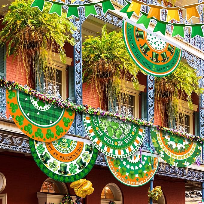 6 Pcs St. Patrick Day Bunting Fan Flag Irish Shamrock Clover Bunting Flag Happy St. Patrick Day Garden Half Fan Banner Decoration Holiday Indoor Outdoor Yard Decor, 1.5 x 3 ft