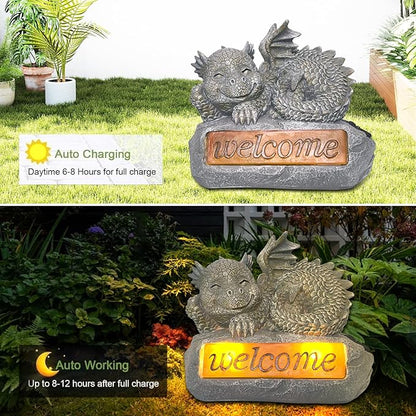 Solar Garden Decorations-Garden Dragon Welcome Display Decorative，Decor for Patio, Yard, Lawn, Pathway, Landescape (Western Dragon Statue)
