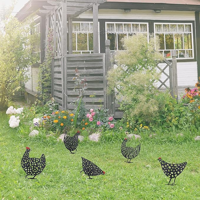 AOZITA 5 PCS 13 inch Metal Chicken Yard Art Garden Decorative Stake Hollow Out Rooster Animals Silhouette Statue Decor, Pathway, Floor, Garden, Lawn, Outdoor Decoration