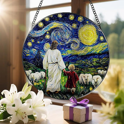 8 Inches Jesus with Child Stained Glass Suncatcher, Window Hanging Home Decor, Starry Night Ornament, Christian Gift, Religious Gifts for Her or Him, Gifts for Christmas