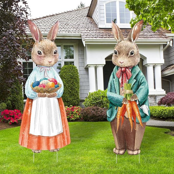 Capoda 2 Pack Easter Decorations Outdoor Yard Signs Bunnies 32.2 x 12.9 Inch Easter Eggs Yard Stake with H Stands for Holiday Party Spring Patio Lawn Garden Decor(Bunny Style)