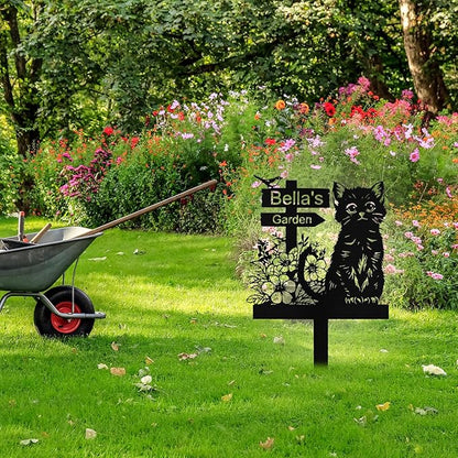 Personalized Metal Cat Garden Signs with Stake, Custom Garden Signs for Outside Waterproof, Customized Name Sign Yard Lawn Gardens Decor Gardening Gifts for Moms Grandmas Gardeners
