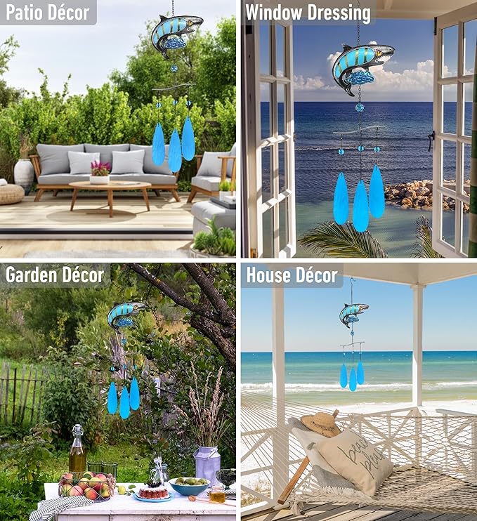 CoTa Global Shark Wind Chime - Handmade Glass and Metal Chime - Ocean Life Hanging Decor - Colorful Home Decor Gift, Indoor and Outdoor Hanging Decoration for Porch, Patio, and Garden - 27 Inches