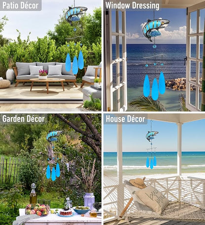 CoTa Global Shark Wind Chime - Handmade Glass and Metal Chime - Ocean Life Hanging Decor - Colorful Home Decor Gift, Indoor and Outdoor Hanging Decoration for Porch, Patio, and Garden - 27 Inches