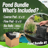 Aquatic Experts Koi Pond Filter Pad Bundle with Bio Balls – White Fine 12" x 72" + Black Coarse 12" x 72" Pads & 300 Count Bio Balls, Reusable Pond Filter Media