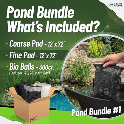 Aquatic Experts Koi Pond Filter Pad Bundle with Bio Balls – White Fine 12" x 72" + Black Coarse 12" x 72" Pads & 300 Count Bio Balls, Reusable Pond Filter Media