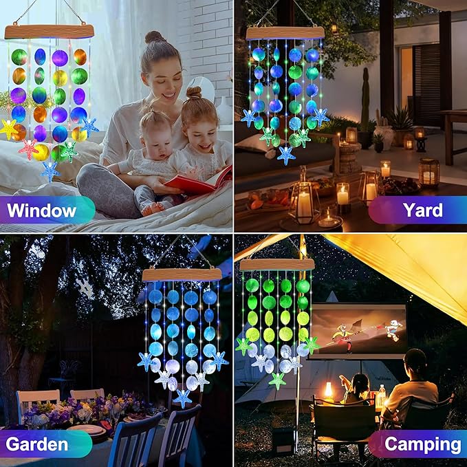 Toodour Solar Wind Chimes for Outside, Birthday Gifts for Women Mom Grandma, Waterproof 2 Modes Shells Solar Powered Outdoor Lights for Patio Holiday Garden Porch Yard Outdoor Decor - White & Green
