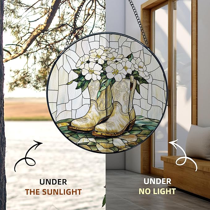 Western Cowgirl Stained Glass Window Hanging, Flower Cowgirl Boots Suncatchers, Western Cowboy Sun Catchers Indoor Window Glass Wall Art Hanging Decorations, 7.9x7.9in