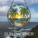 Stained Glass Window Hanging Sea Beach Coconut Trees Sunrise Large 11.8" - Suncatcher Door Garden Sunroom Sun Catcher Home Decor Birthday Christmas for Mom Men Woman Nana