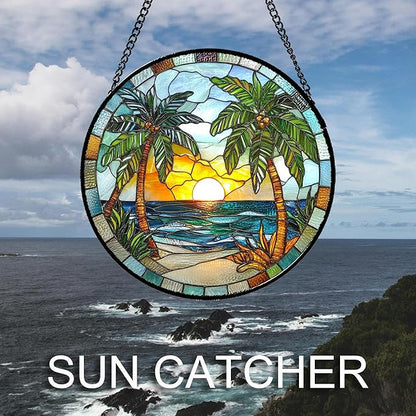 Stained Glass Window Hanging Sea Beach Coconut Trees Sunrise 7.8" - Suncatcher Door Garden Sunroom Sun Catcher Home Decor Birthday Christmas for Mom Men Woman Nana
