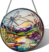 Stained Glass Sun Catcher,Dragonfly and RiverStained Glass Window Hanging Garden Decor,Sun Catchers Indoor Window,Whimsical Decoration for Home Backyard Patio Lawn Porch with 6.3 INCH