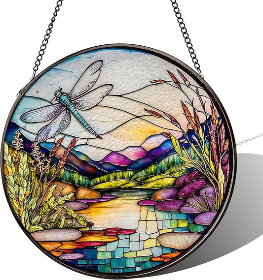 Stained Glass Sun Catcher,Dragonfly and RiverStained Glass Window Hanging Garden Decor,Sun Catchers Indoor Window,Whimsical Decoration for Home Backyard Patio Lawn Porch with 9.8 INCH