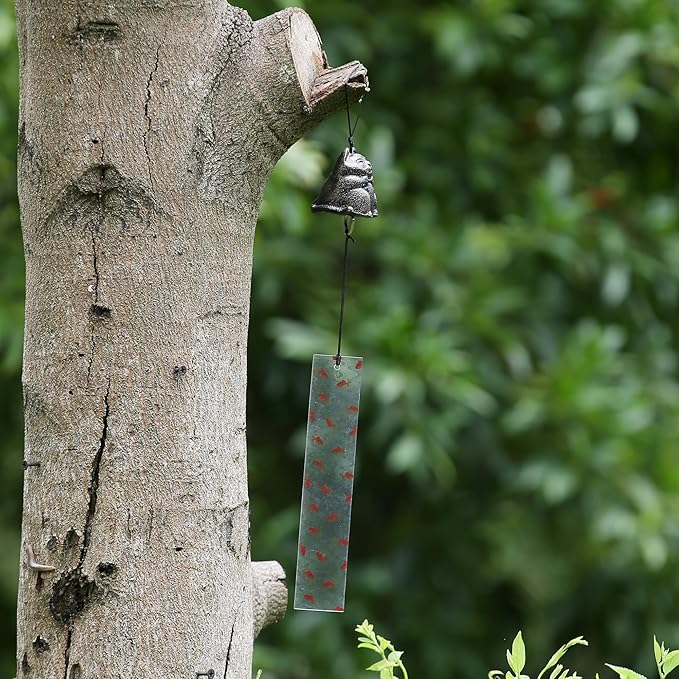 Japanese Wind Chime Cast-Iron Outdoor Ornament for Garden, Patio & Balcony, Hanging Metal Wind-Bell Decoration Gift, Blessing Pendant Windchimes & PVC Wind-Catcher, Fortune Cat - Bronze
