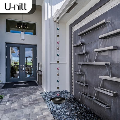 U-nitt Rain Chain Water Collection for Gutters Rainwater Catcher & Diverter, 8.5 FT Chains for Outside Garden, Multi Color Cups, Roof Downspout, Works with Heavy Rain, w/Gutter Clip for Rainchains