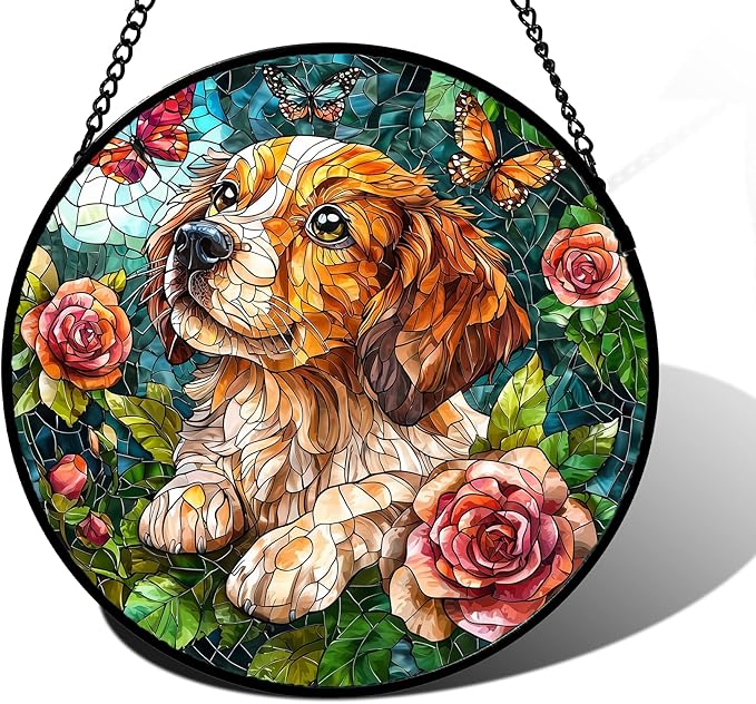 DASTOLL Stained Glass Window Hanging, Dog and Rose Suncatcher for Doors Home Butterfly Sun Catchers Decoration and Christmas, Mother's Day Birthday Gifts for Women, Men, and Mom 6.3 in