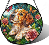 DASTOLL Stained Glass Window Hanging, Dog and Rose Suncatcher for Doors Home Butterfly Sun Catchers Decoration and Christmas, Mother's Day Birthday Gifts for Women, Men, and Mom 6.3 in