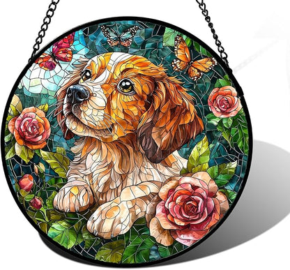 DASTOLL Stained Glass Window Hanging, Dog and Rose Suncatcher for Doors Home Butterfly Sun Catchers Decoration and Christmas, Mother's Day Birthday Gifts for Women, Men, and Mom 6.3 in