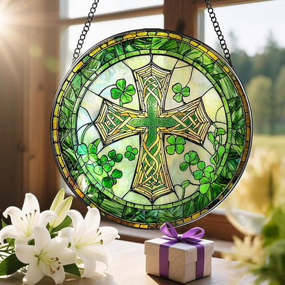 8'' St. Patrick's Day Cross Stained Glass Suncatcher Ornament, Stained Glass Window Hanging, Irish Decor, Patrick Day Decor, Irish Shamrock Gift, Cross Gifts, Religious Gifts, Christian Gift