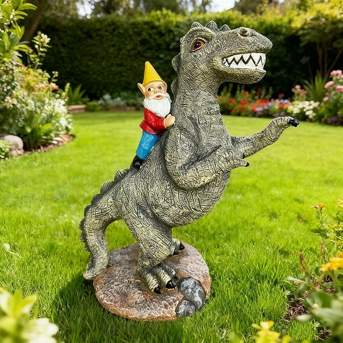 Garden Gnome Riding Dinosaur Statue - Resin Outdoor Decor, 8.7" Funny Garden Dino Gnome Statue for Patio & Lawn Ornament Whimsical Sculpture Gift,Gifts for Women
