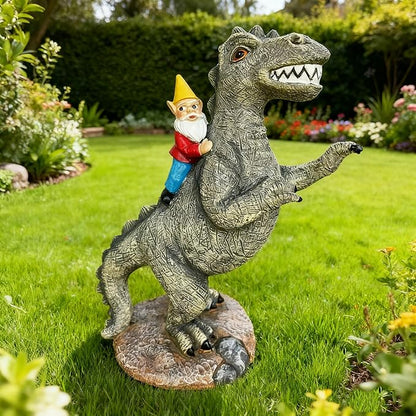 Garden Gnome Riding Dinosaur Statue - Resin Outdoor Decor, 8.7" Funny Garden Dino Gnome Statue for Patio & Lawn Ornament Whimsical Sculpture Gift,Gifts for Women