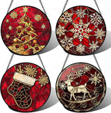 DASTOLL Stained Glass Window Hanging 4 Pcs Set Red Christmas Elk Snowflakes 6.3" - Deer Suncatcher Door Garden Sun Catcher Decor Birthday for Mom Woman Nana Men Friend