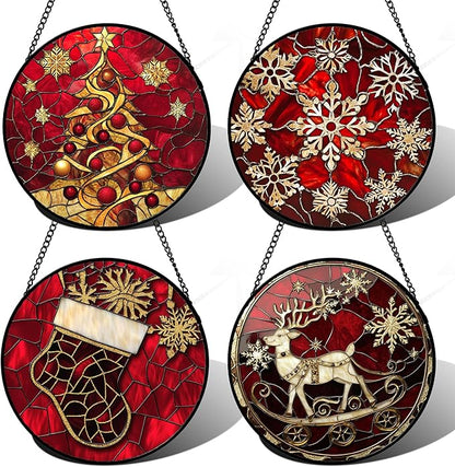 DASTOLL Stained Glass Window Hanging 4 Pcs Set Red Christmas Elk Snowflakes 9.8" - Deer Suncatcher Door Garden Sun Catcher Decor Birthday for Mom Woman Nana Men Friend