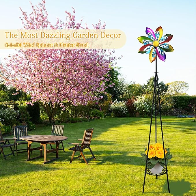 69" Metal Wind Spinners Outdoor with Plant Rack,3 Legs Colorful Windmill for Yard, Kinetic Yard Art, Waterproof Large Wind Sculptures for Garden Backyard Outdoor Decor Lawn Ornaments for Outside