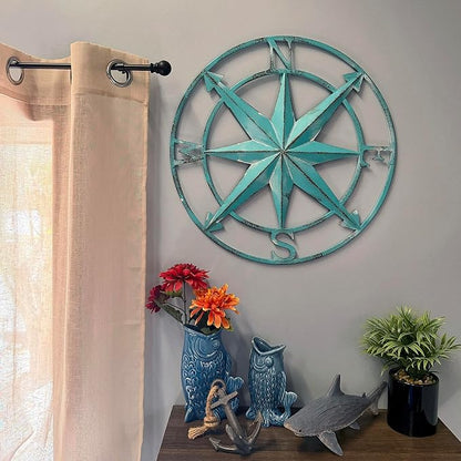 Zeckos 20.25 Inch Aqua Metal Compass Rose Wall Decor, Distressed Coastal Nautical Compass Star Round Wall Art for Entryway, Living Room, Bedroom, Hallway or Beach House