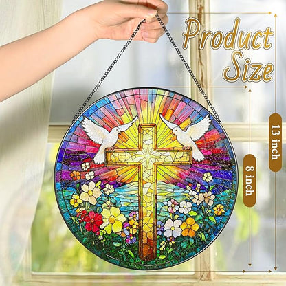 8'' Cross Stained Glass Ornament, Religious Suncatcher, Christian Window Hanging Decor, Easter Decor, Gifts for Christmas, Religious Gift, Christian Gift