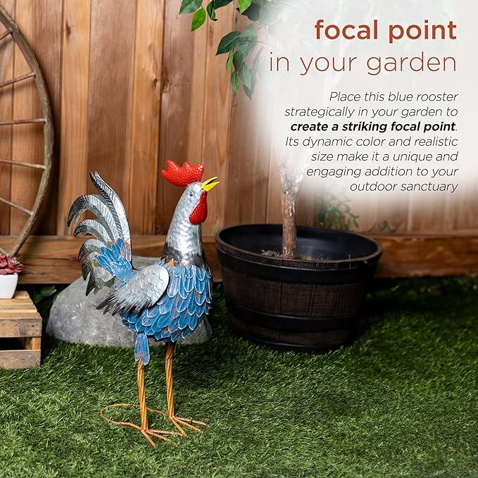 Alpine Corporation 23" Tall Outdoor Metal Silver Tail Rooster Statue with Vibrant Design, Garden Decor, Silver/Blue