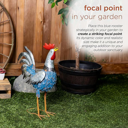 Alpine Corporation 23" Tall Outdoor Metal Silver Tail Rooster Statue with Vibrant Design, Garden Decor, Silver/Blue