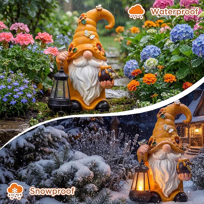 VIHOSE Solar Garden Gnomes Outdoor Decor 8'' Spring Resin Gnome Figurine Holding Lantern with Solar LED Lights for Yard Patio Lawn Decorations Best Gifts for Mother's Day Housewarming