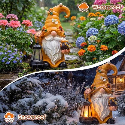 VIHOSE Solar Garden Gnomes Outdoor Decor 8'' Spring Resin Gnome Figurine Holding Lantern with Solar LED Lights for Yard Patio Lawn Decorations Best Gifts for Mother's Day Housewarming