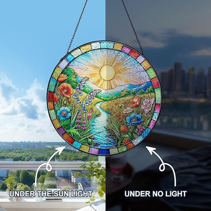 Stained Glass Window Hanging, Scenery Sun Catchers Stained Glass Panels for Indoor Windows Wall Art Decor, Birthday Gift for Mom Women Wife Men Lovers (11.8inch)