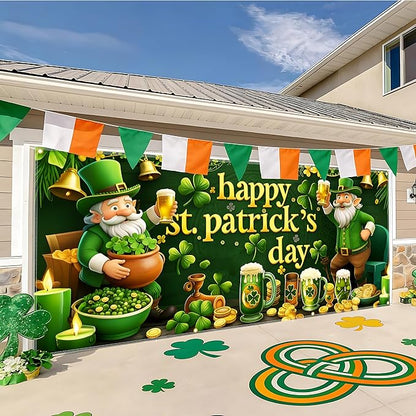 St Patrick’s Day Garage Door Banner 157.5x70.9in Large Garage Door Cover Outdoor Shamrock Leprechaun Decorations for House Exterior Party Decor with Grommets Rope
