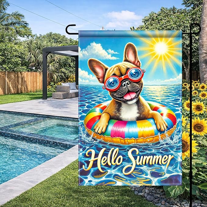 HOMETITUTE Hello Summer Garden Flag French Bulldog 12x18 Vertical Double Sided Pool Party Welcome Summer Yard Garden Flag Seasonal Holiday Outdoor Decorative Flag for Patio Lawn