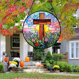 Christian Gifts for Women - Cross Stained Glass Window Hanging Jesus Easter Colorful Wildflowers Sun Catcher Garden Religion Decor Mother's Day Catholic Gift for Men Grandma Mom Her 15"