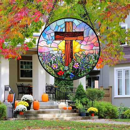 Christian Gifts for Women - Cross Stained Glass Window Hanging Jesus Easter Colorful Wildflowers Sun Catcher Garden Religion Decor Mother's Day Catholic Gift for Men Grandma Mom Her 7.8"