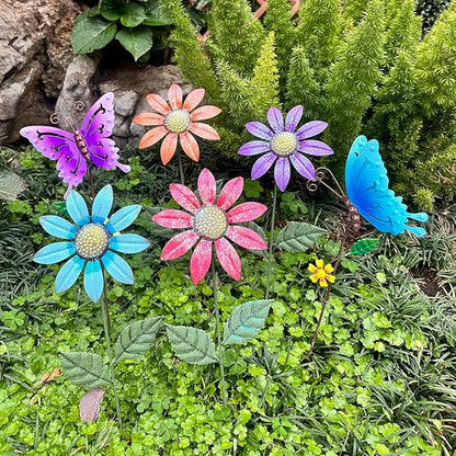 6Pack Metal Flowers for Outside，16.15 Inch Metal Flowers&Colorful Butterfly Decorative Garden Stakes for Spring Decor, Shaking Head Yard Art Garden Decorations for Outdoor Lawn Porch Pathway