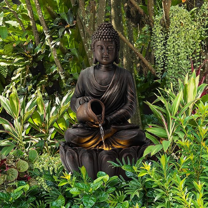 Glitzhome Buddha Statues 21" H, Zen Style Outdoor Buddha Fountian with LED Light & Pump, Outdoor Floor Freestanding Fountain Meditative Garden Buddha Sculptures & Statues for Garden Porch Lawn Decor