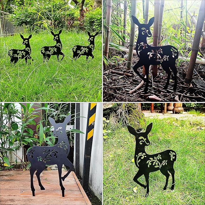 Tipmant Metal Iron Art Decoration Animal Silhouette Decorative Stakes Statues Ornament Crafts for Outdoor Gardens, Yard, Courtyards, Parks, Lawns, Potted Plants, Patio (3 Deers)