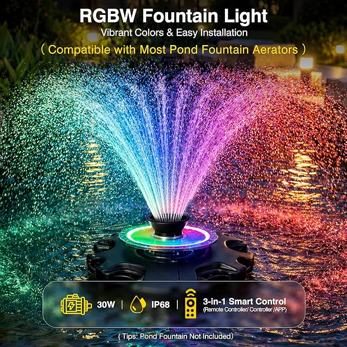 Pond Fountain Aerator Lights, RGB LED Color-Changing Aerator Floating Fountain Light, AC 120V, 100ft Cable with Controller, APP & Remote Control, IP68 Waterproof, Compatible with Most Pond Aerators