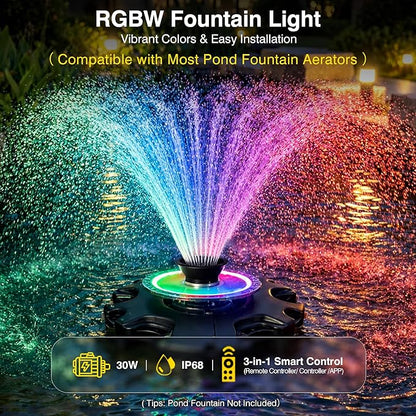 Pond Fountain Aerator Lights, RGB LED Color-Changing Aerator Floating Fountain Light, AC 120V, 100ft Cable with Controller, APP & Remote Control, IP68 Waterproof, Compatible with Most Pond Aerators