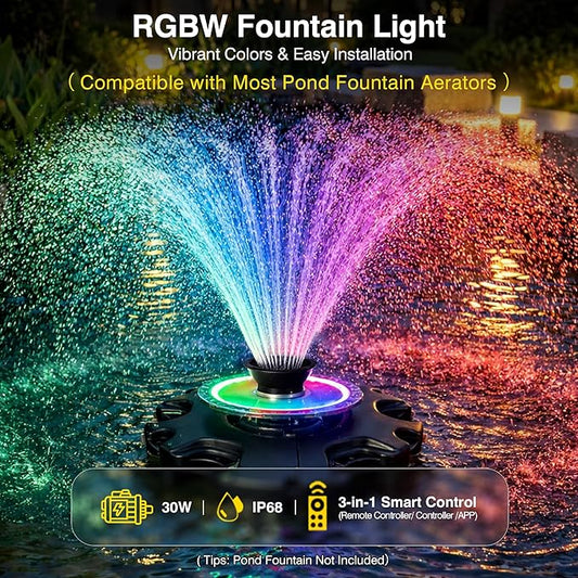 Pond Fountain Aerator Lights, RGB LED Color-Changing Aerator Floating Fountain Light, AC 120V, 100ft Cable with Controller, APP & Remote Control, IP68 Waterproof, Compatible with Most Pond Aerators
